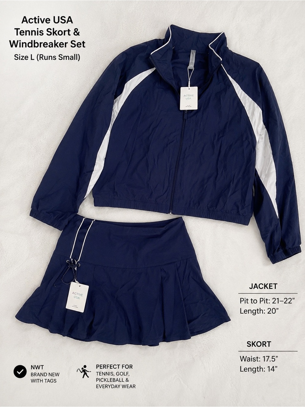 Active USA Navy & White Tennis Skort and Windbreaker Set size l (runs small)